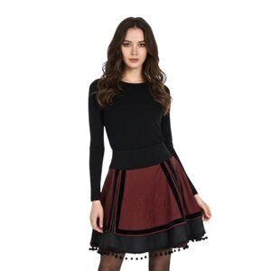 Picasso Renaissance Flare Skirt M | Multi-Layer Embroidered Ruffle Panel Maroon